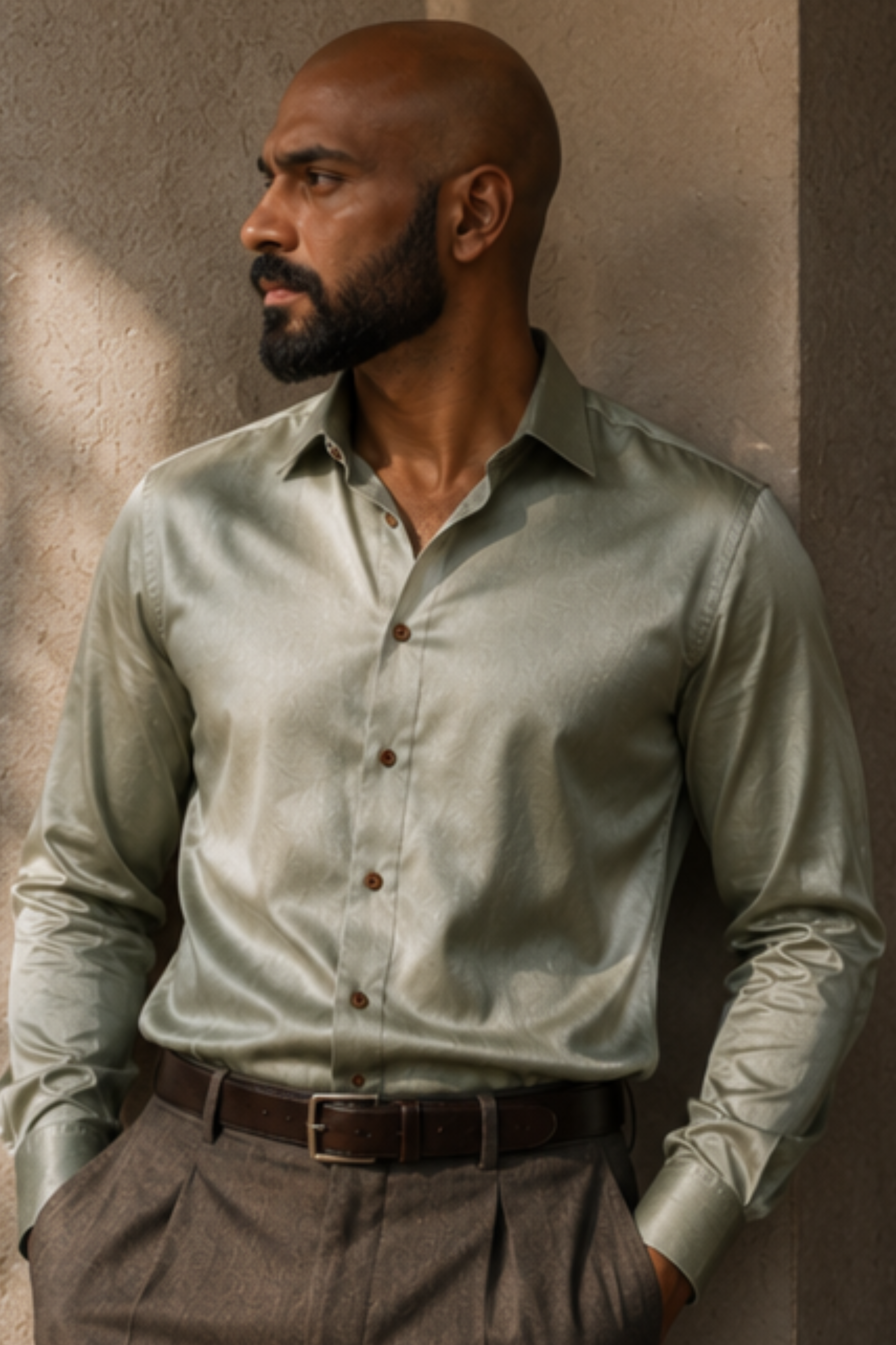 Zenith Tencel™ Satin Spread Collar Shirt – Sage Green Full Sleeve Shirt for Men