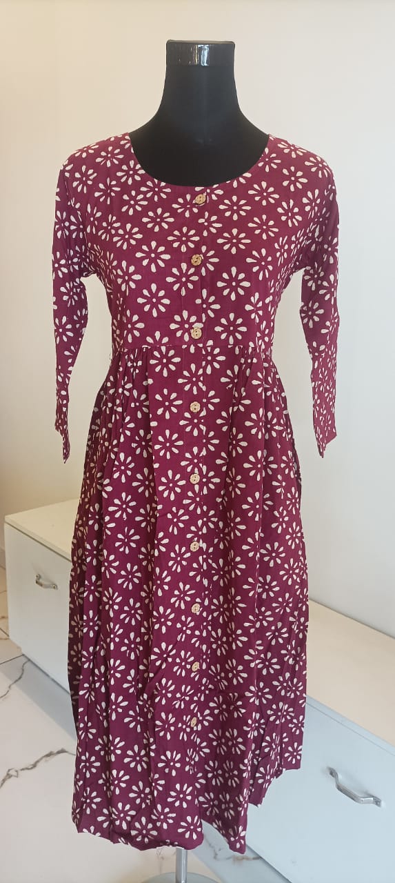 Handblock-printed Midi Dress in Maroon