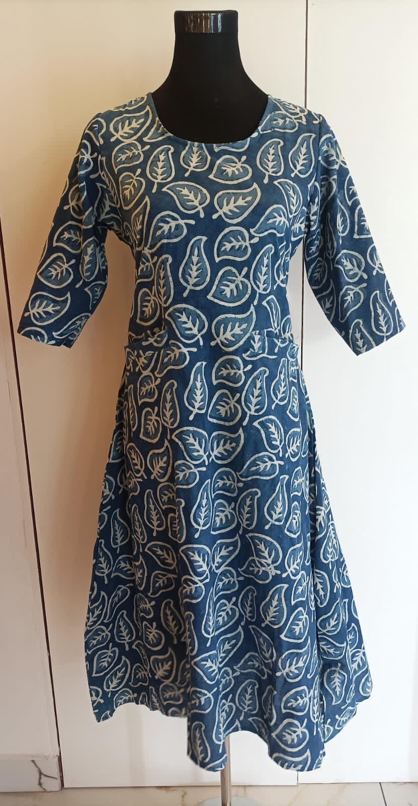 Handblock-printed Midi Dress in Indigo