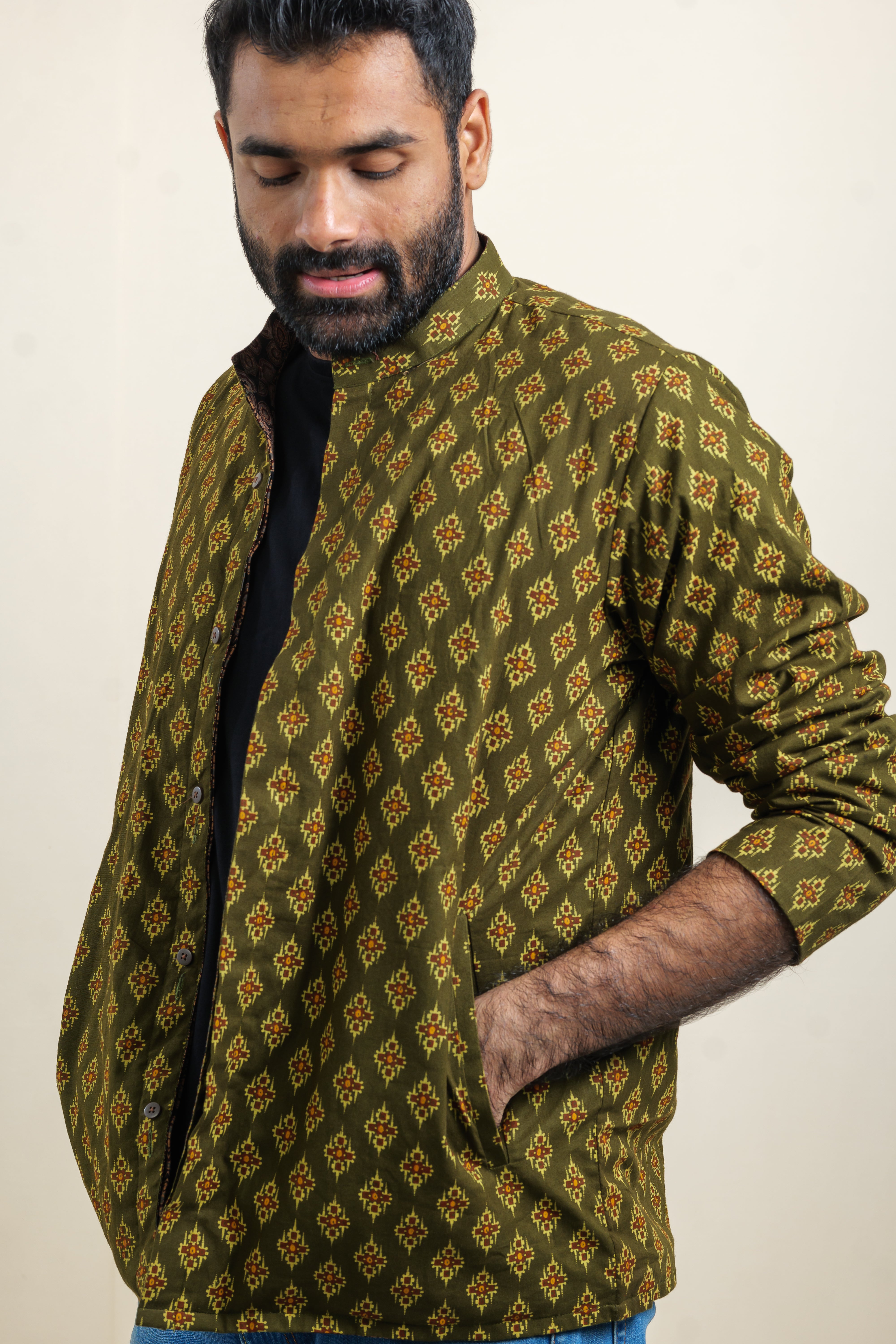 AJRAKH PASTURE-UMBRE REVERSIBLE INDIGO SUMMER UNISEX JACKET